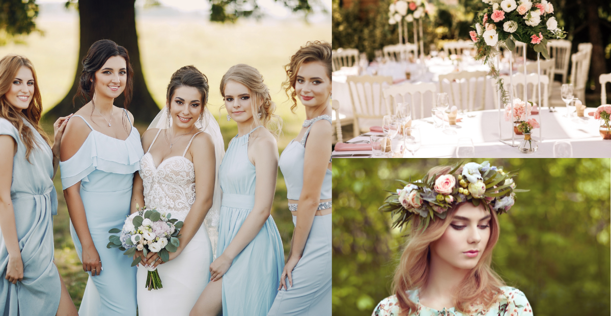 Collage of bride &bridesmaids, wedding decor & flower crown