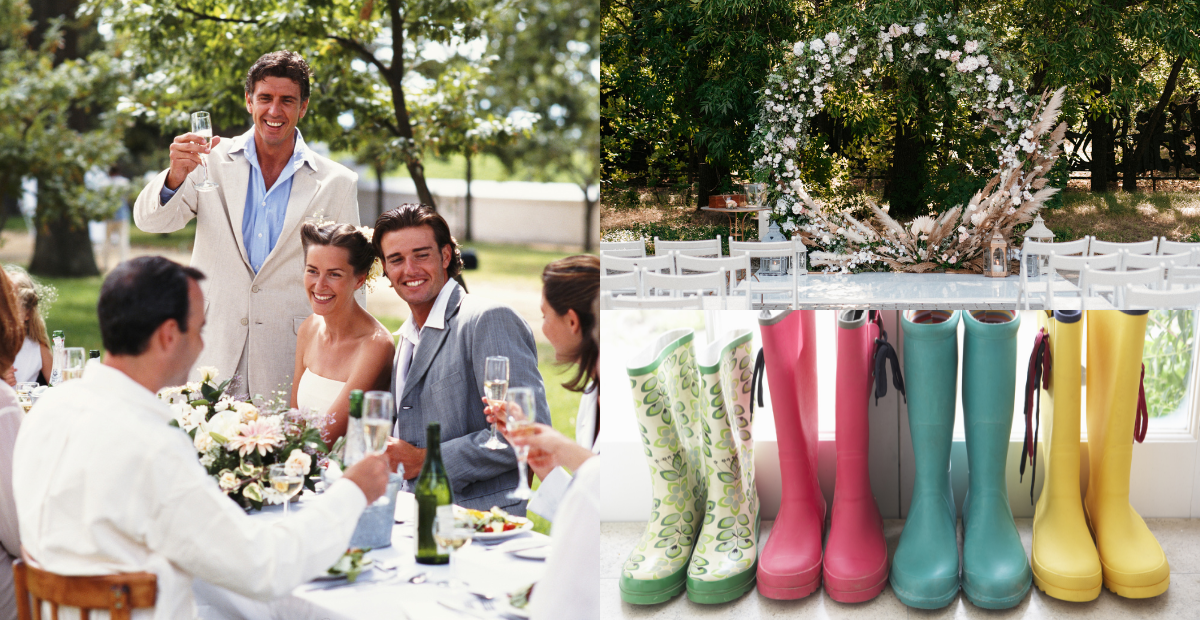 Collage of wedding party, wellies and a flower arch